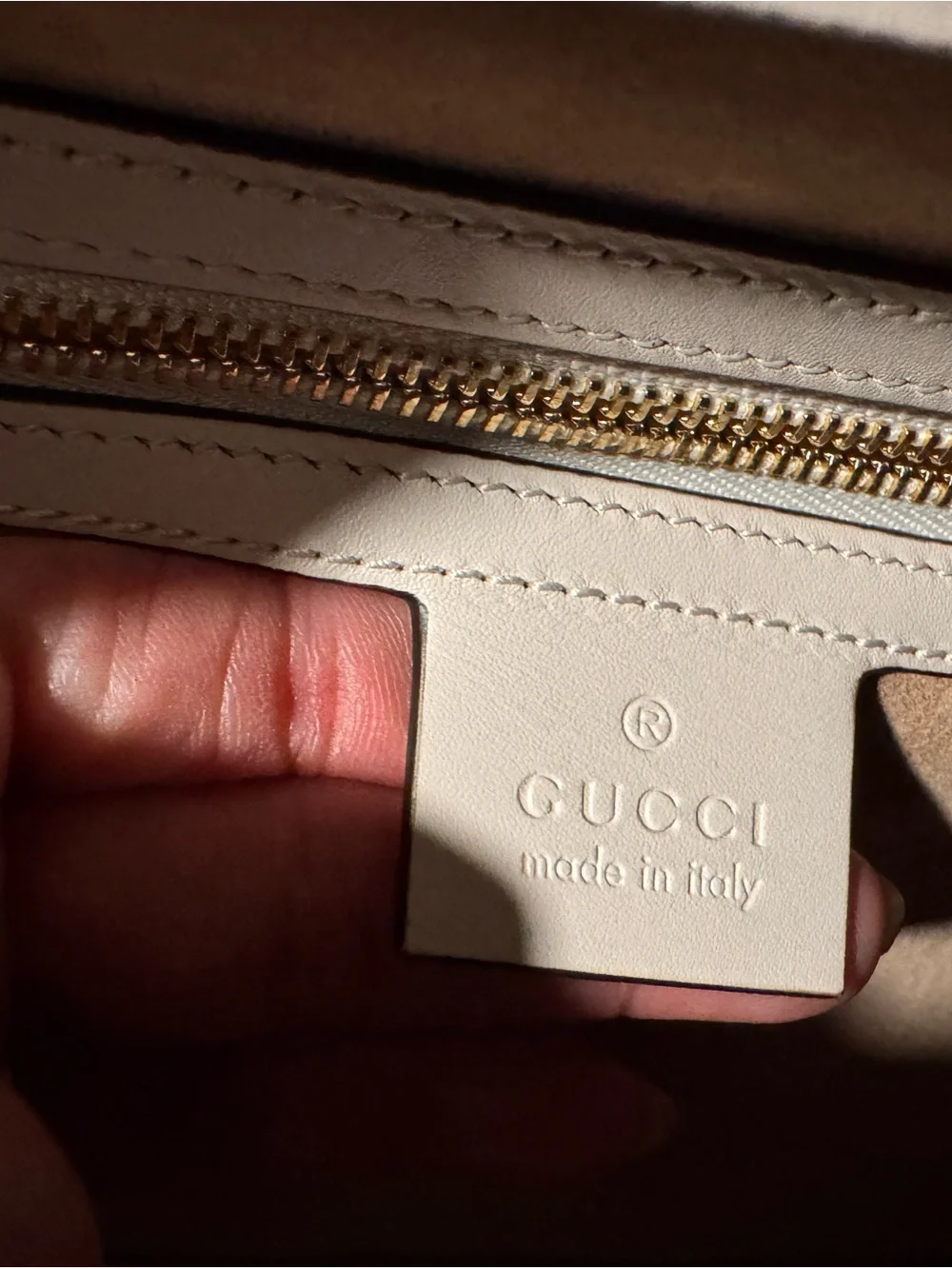 Gucci Cream Leather Top-Handle Satchel with Red & Navy Stripe